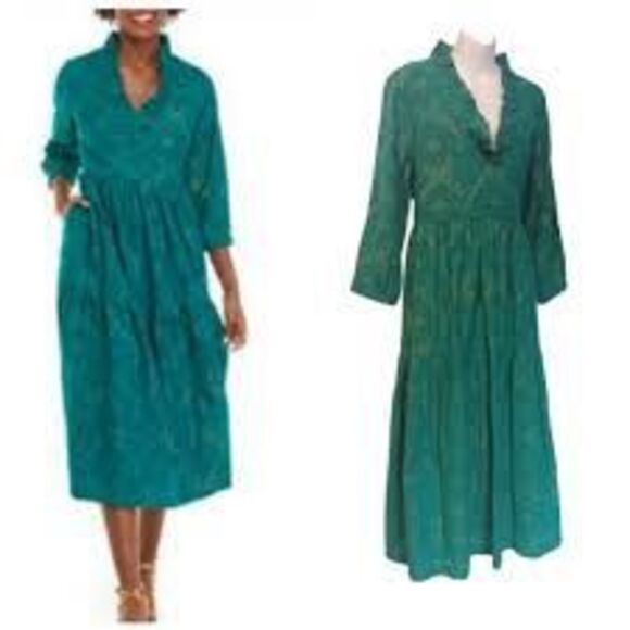 Crown & Ivy Size M Petite Ruffle Neck Tiered Midi Dress Emerald Green Gold Fall - Picture 1 of 13